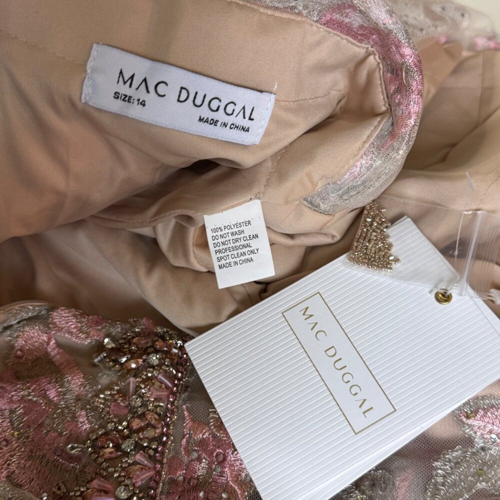 Mac Duggal Floral Embroidered Nude Rose Illusion Long Sleeve Trumpet Size 14 NEW - Picture 5 of 16